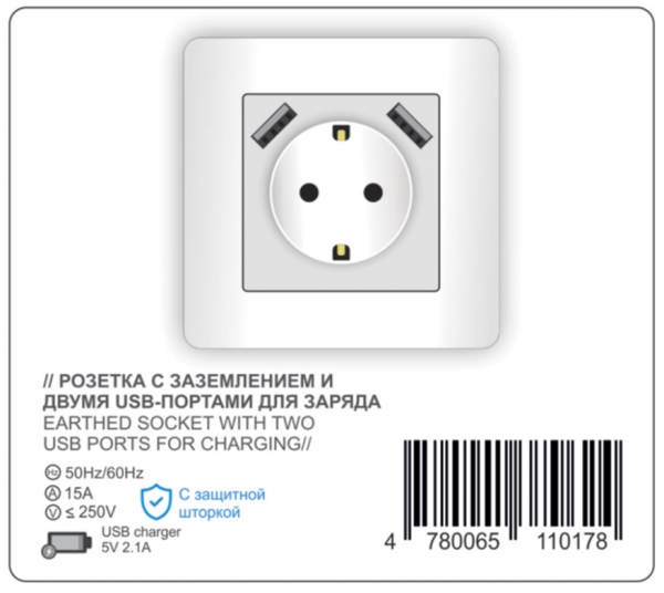 Earthed socket with two USB for charging